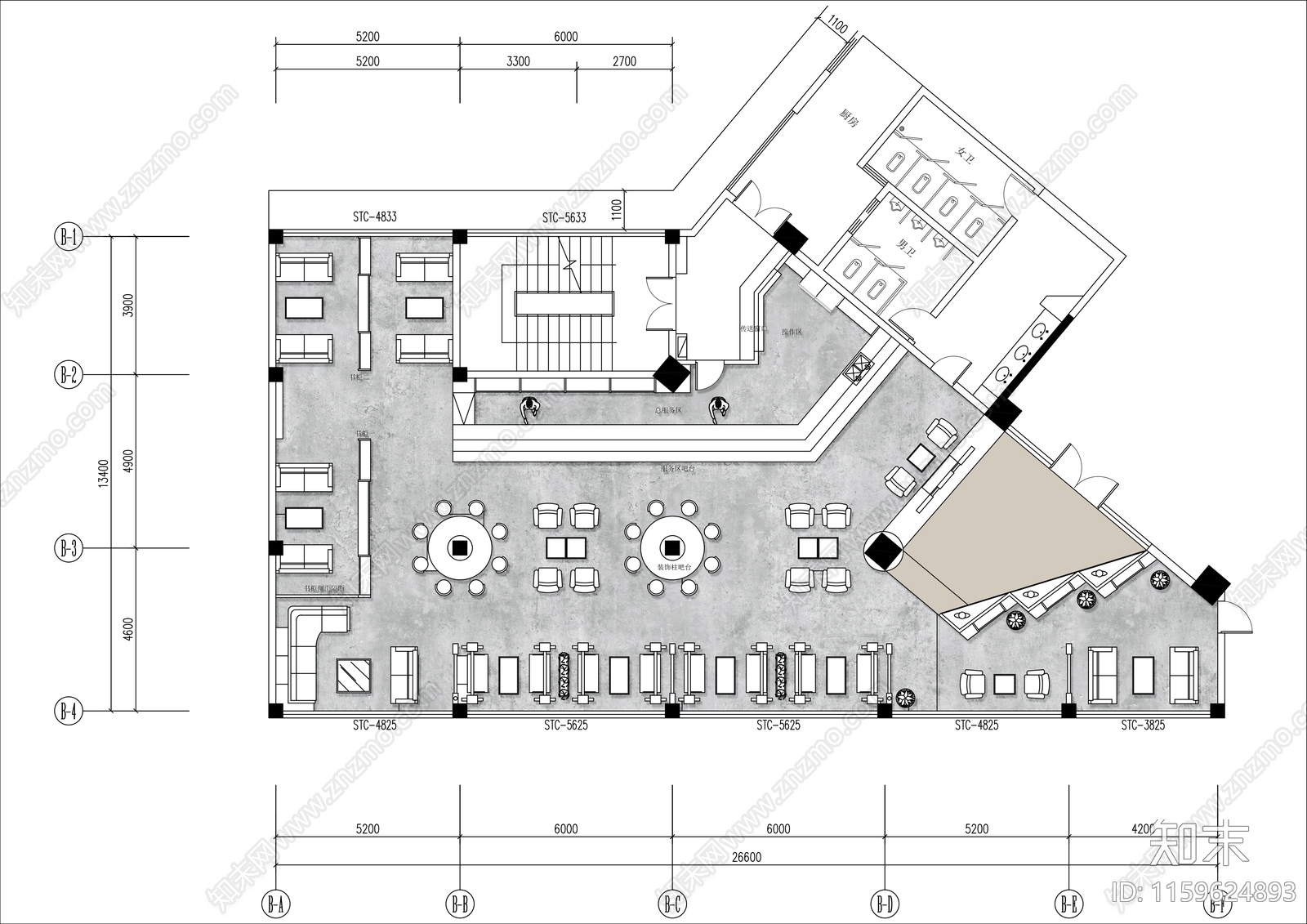 350㎡咖啡书吧平面布置图施工图下载【ID:1159624893】