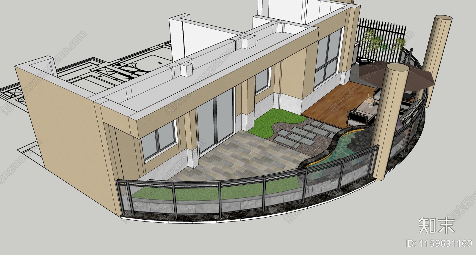 现代别墅阳台SU模型下载【ID:1159631160】