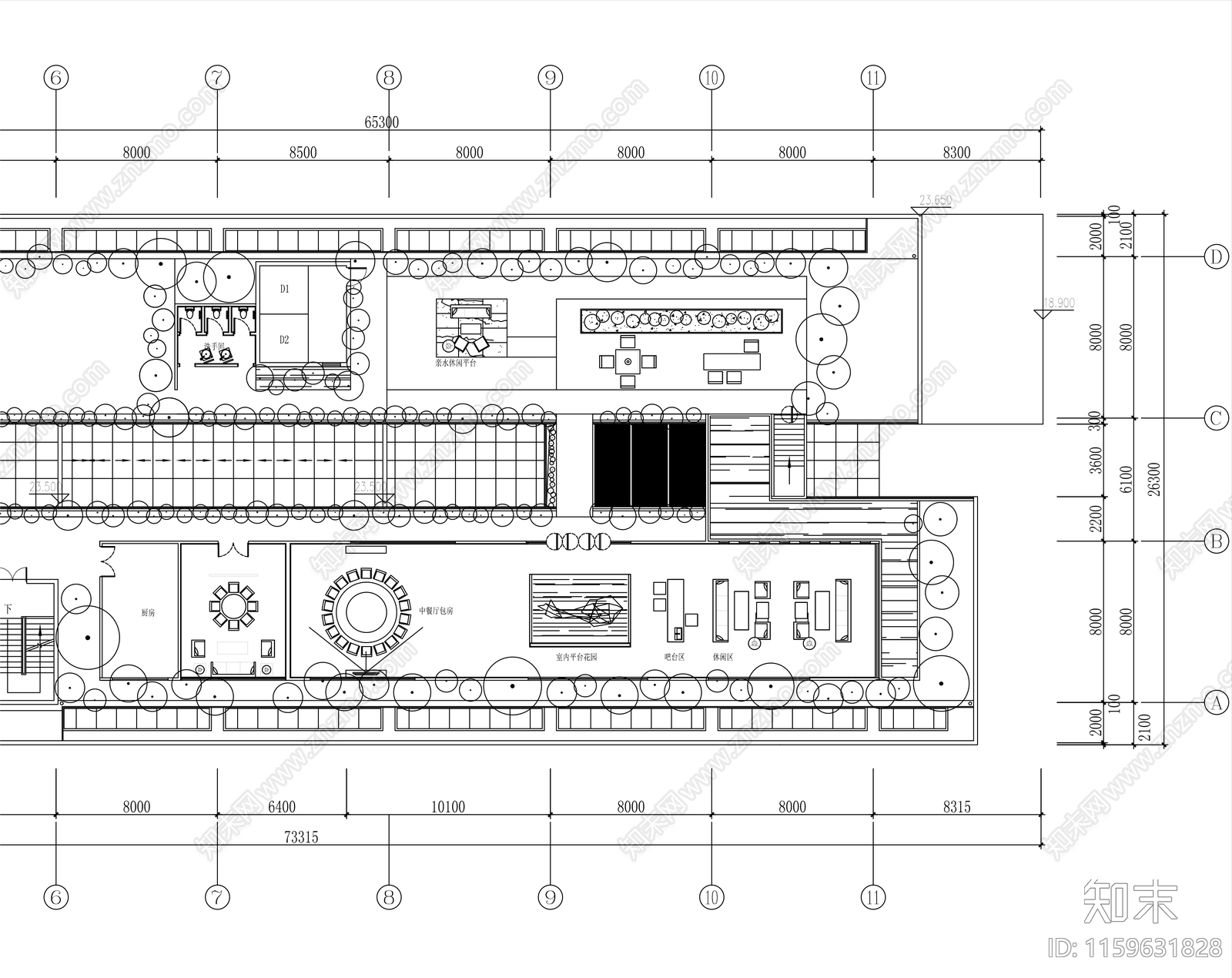 1000㎡屋顶花园会所全cad施工图下载【ID:1159631828】