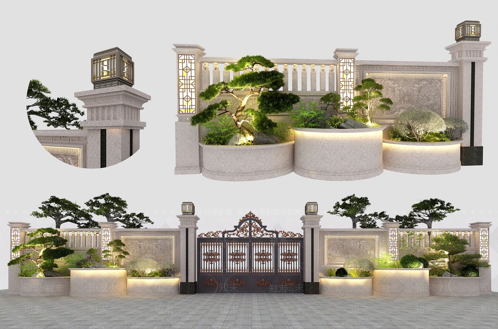 新中式别墅庭院大门围墙3D模型下载【ID:1159631831】