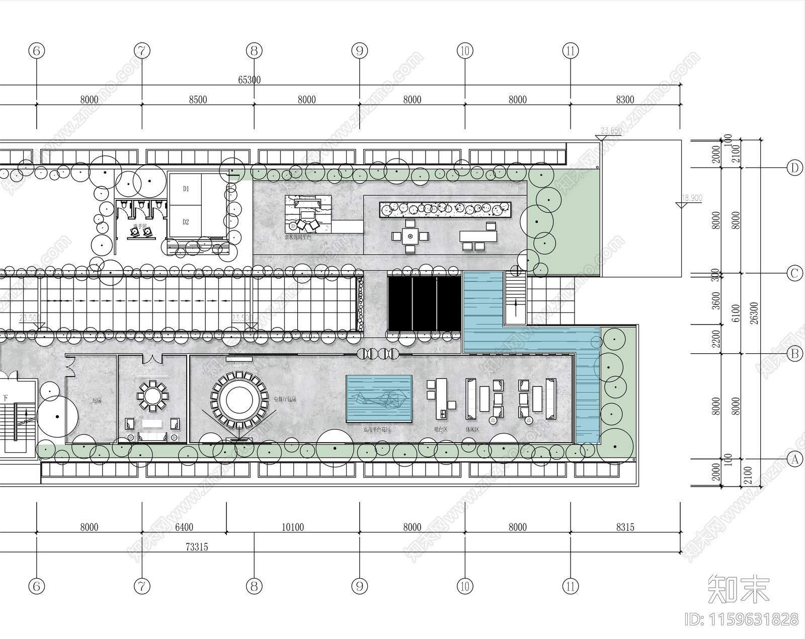 1000㎡屋顶花园会所全cad施工图下载【ID:1159631828】