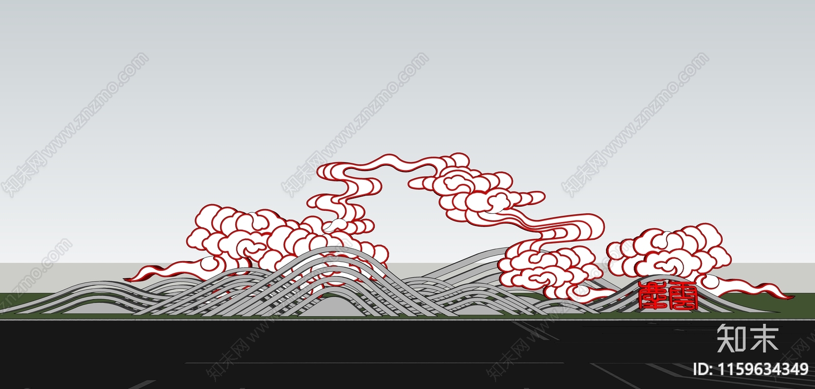 现代T字形路口对景祥云雕塑SU模型下载【ID:1159634349】