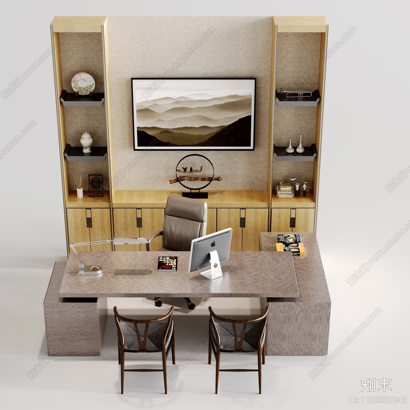 新中式办公桌椅3D模型下载【ID:1159637646】