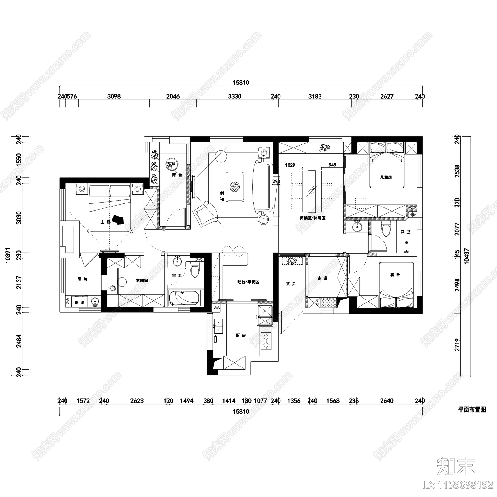 北欧现代国际百纳三室两厅两卫私宅雅居室内家装cad施工图下载【ID:1159638192】