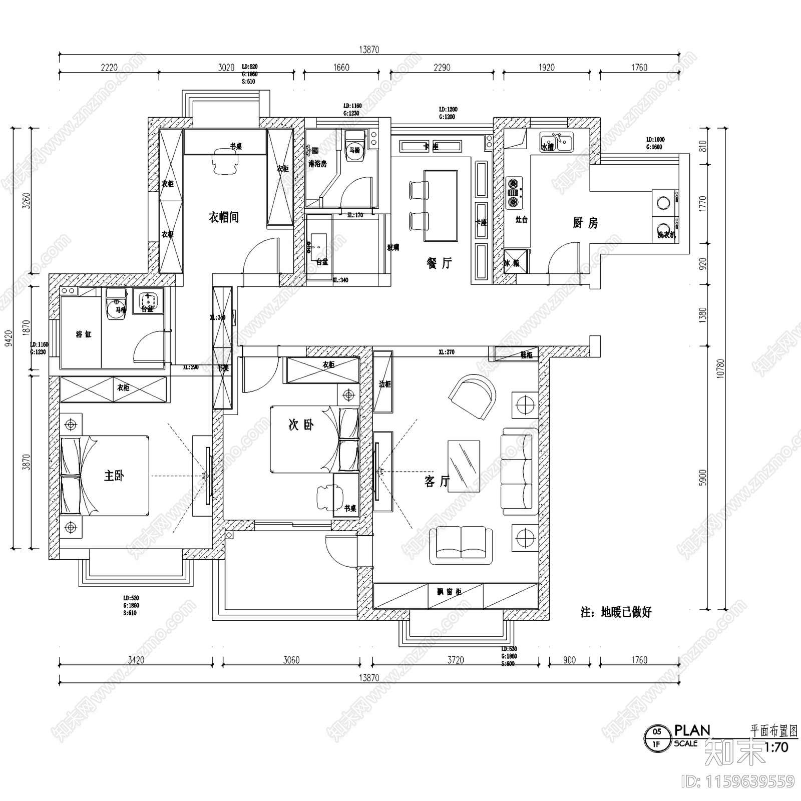 美式蝴蝶湾两室两厅两卫室内家装cad施工图下载【ID:1159639559】