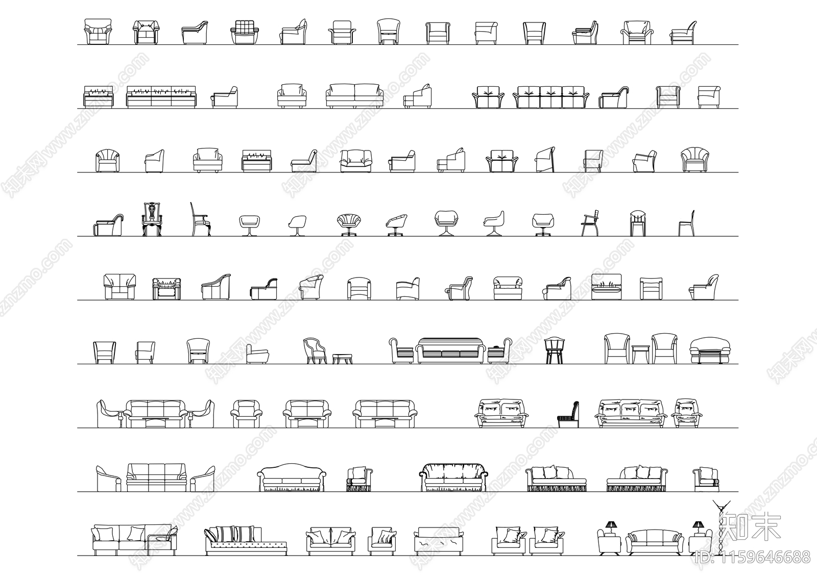 沙发扶手椅集合一施工图下载【ID:1159646688】