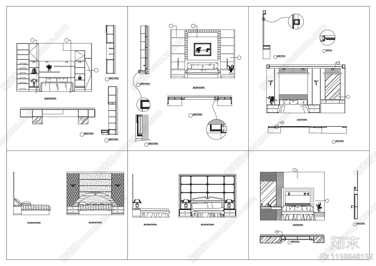 多种卧室床头背景设计方案施工图下载【ID:1159648152】