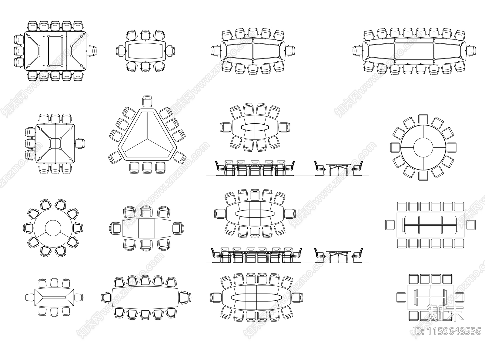 多人会议桌平面立面图施工图下载【ID:1159648556】