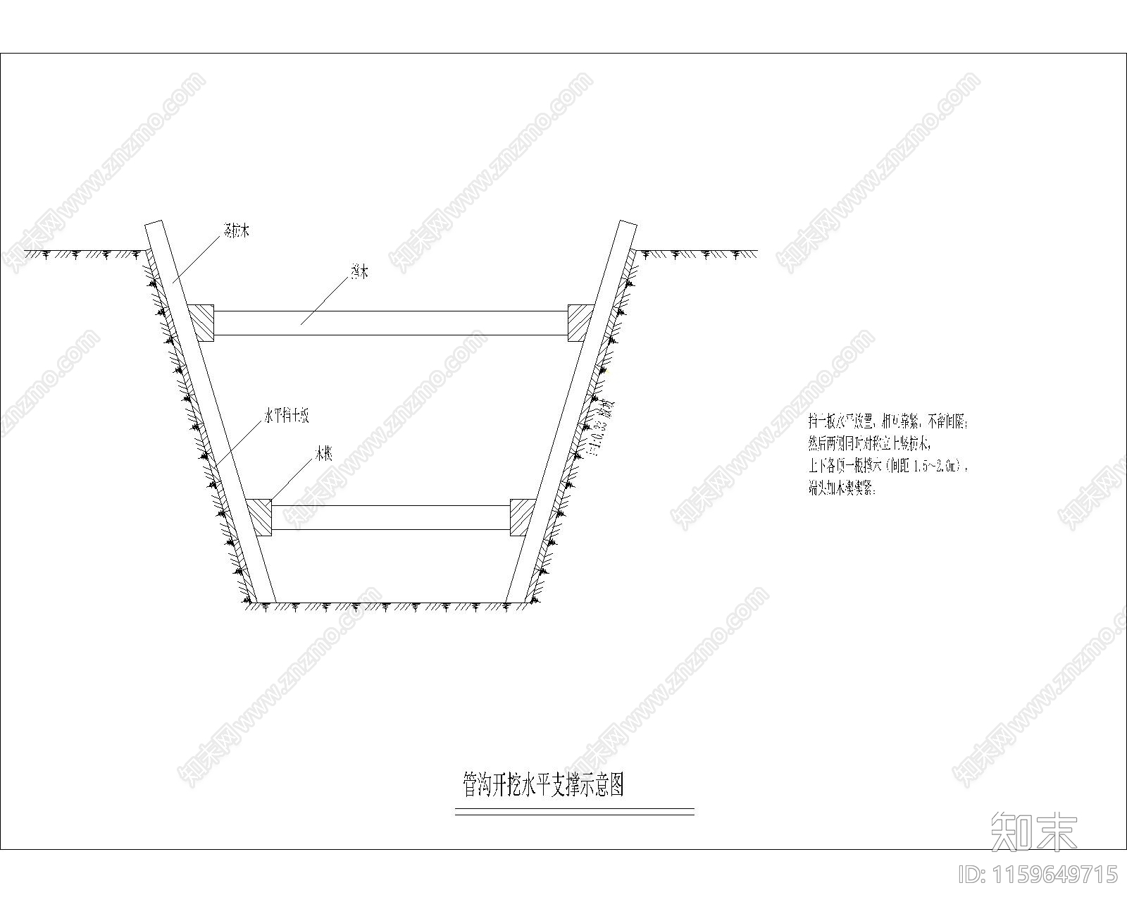 管沟开挖水平支撑示意图cad施工图下载【ID:1159649715】