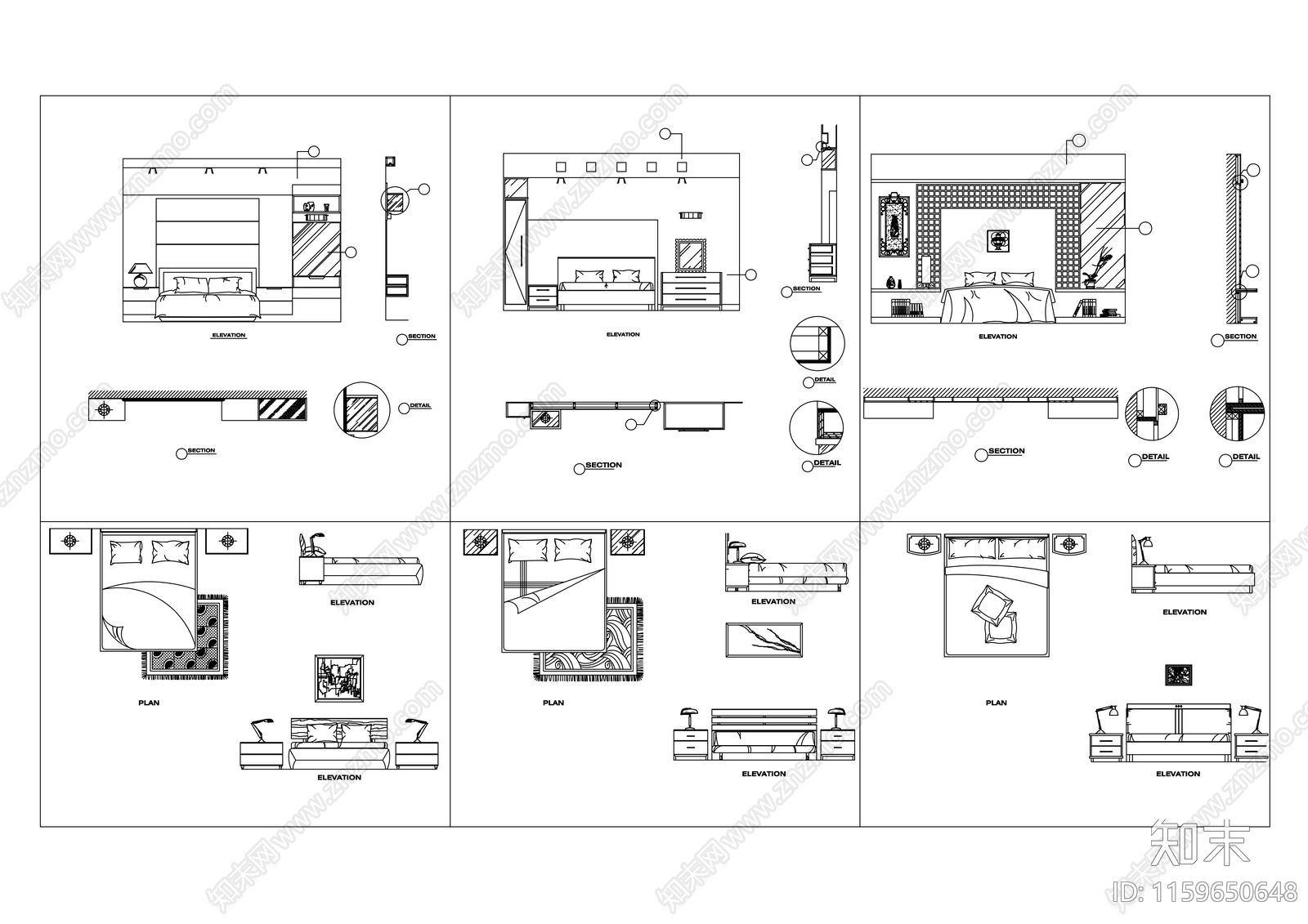 卧室平面立面模块图cad施工图下载【ID:1159650648】