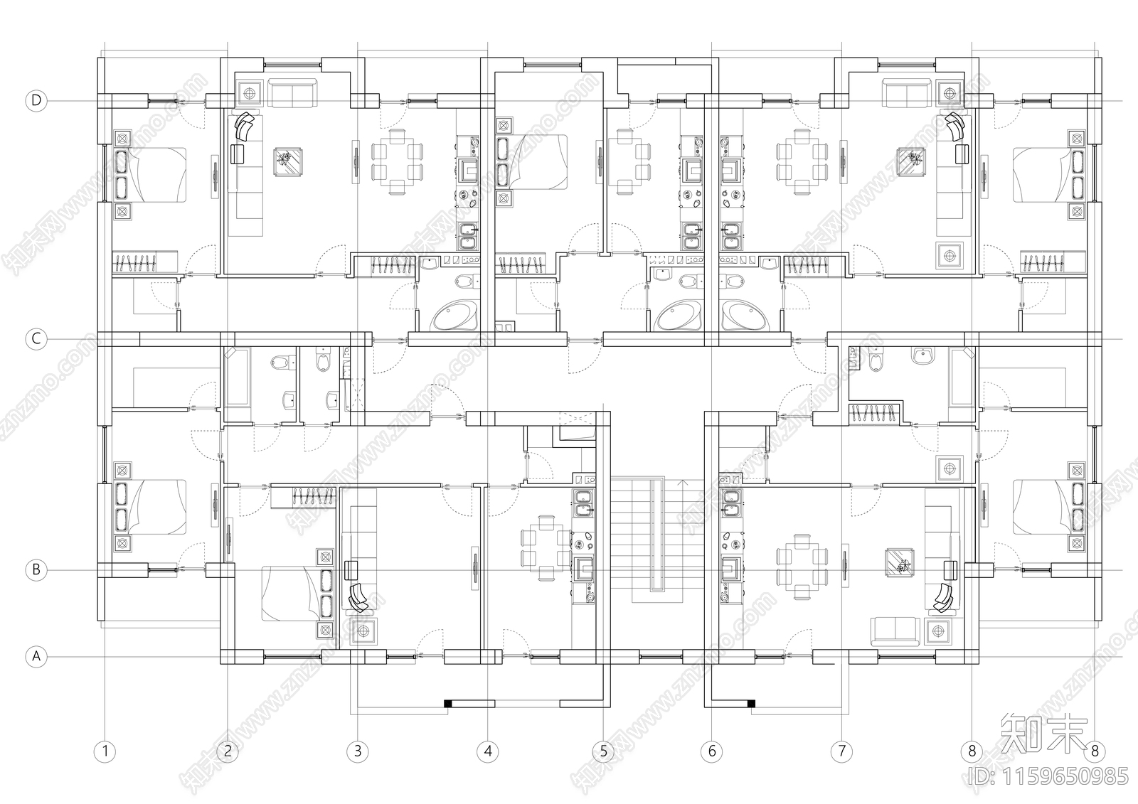 公寓楼平面布局设计图cad施工图下载【ID:1159650985】