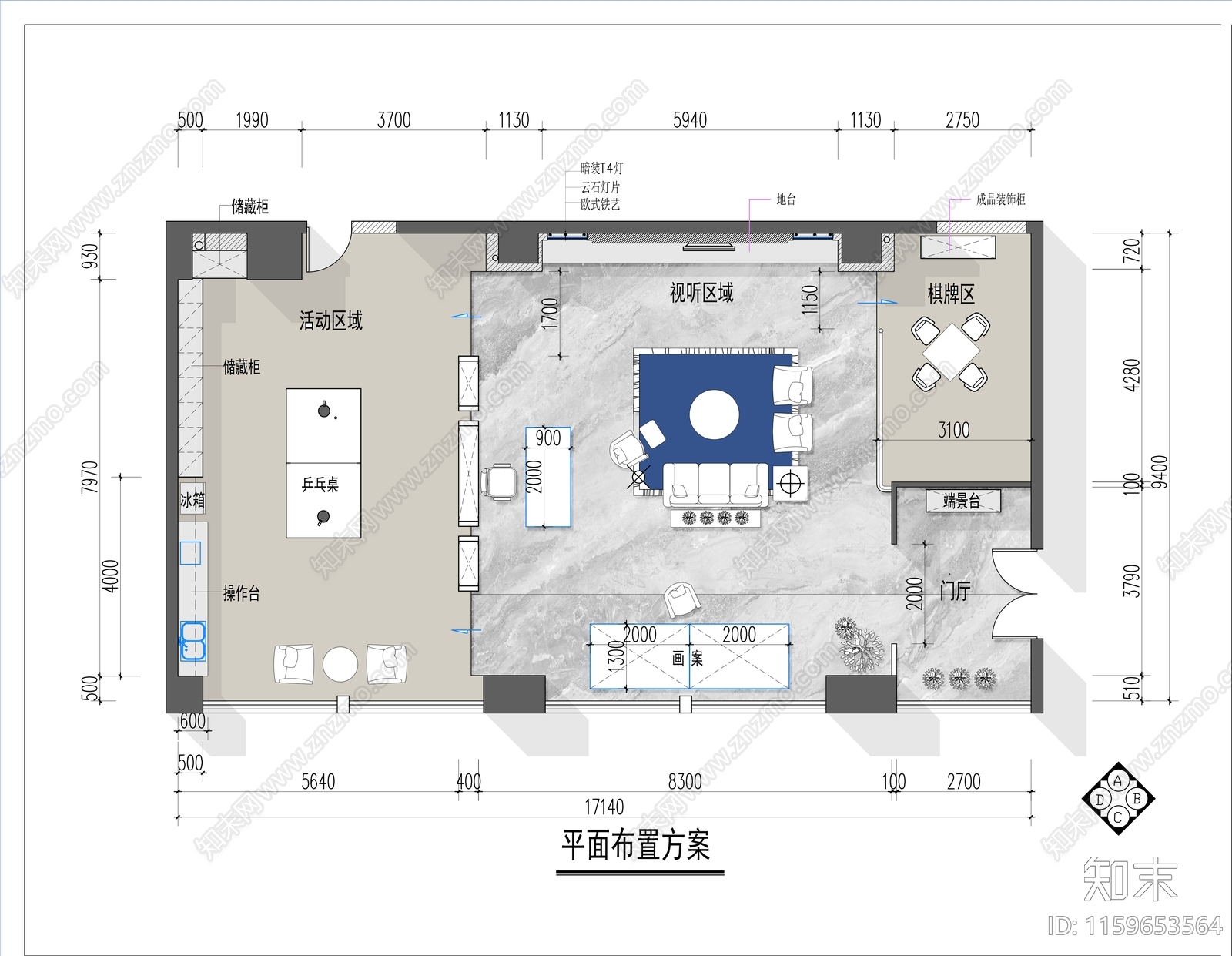 160㎡公司接待娱乐会cad施工图下载【ID:1159653564】