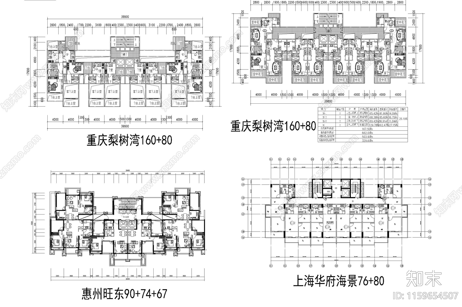 住宅建筑户型图平面图一梯两户三四户小高层新规大平层cad施工图下载【ID:1159654507】