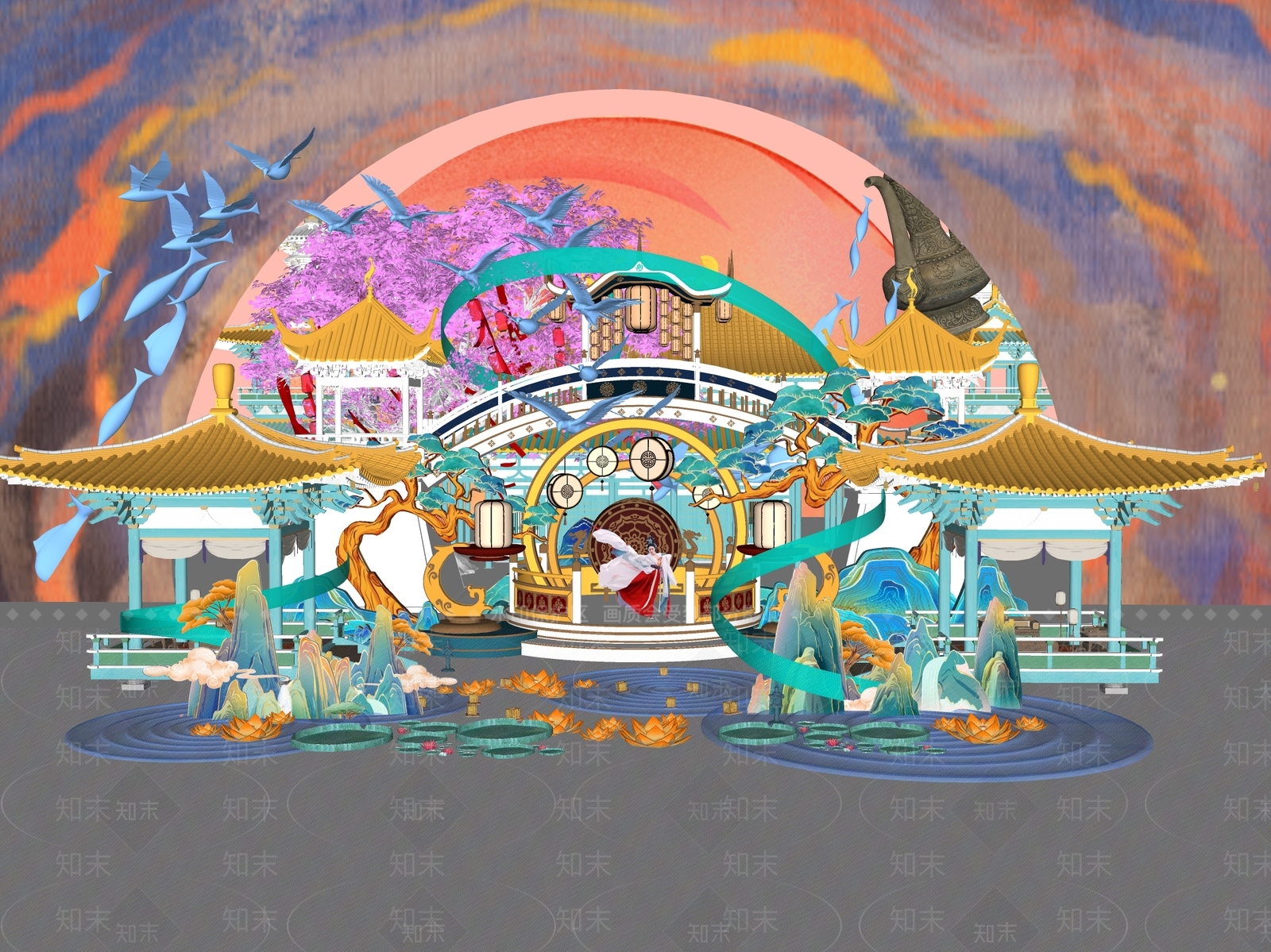 现代国潮美陈SU模型下载【ID:1159660581】