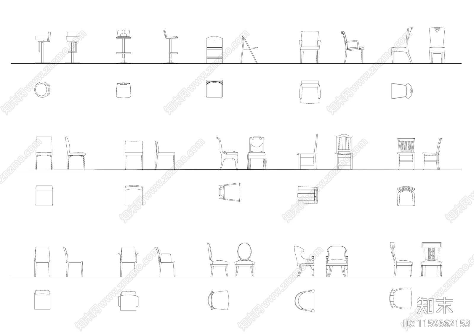 各类单人座椅三视图合集施工图下载【ID:1159662153】