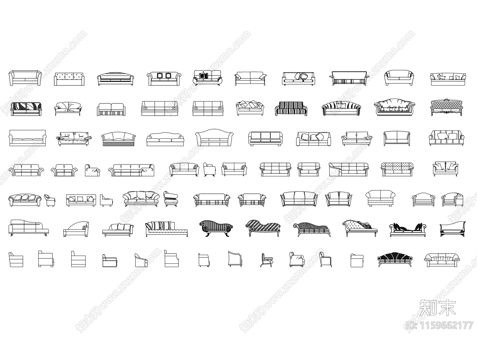 多种沙发类型前视图合集cad施工图下载【ID:1159662177】