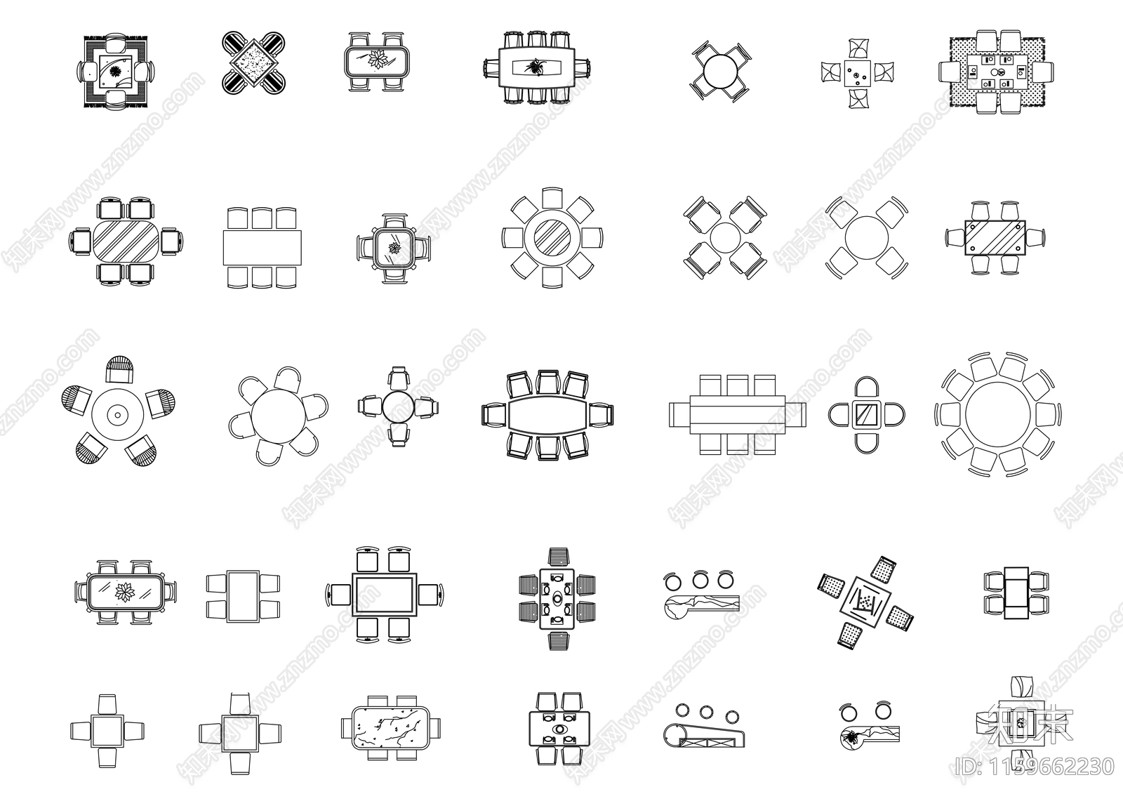 多种类型餐桌椅平面图合集施工图下载【ID:1159662230】
