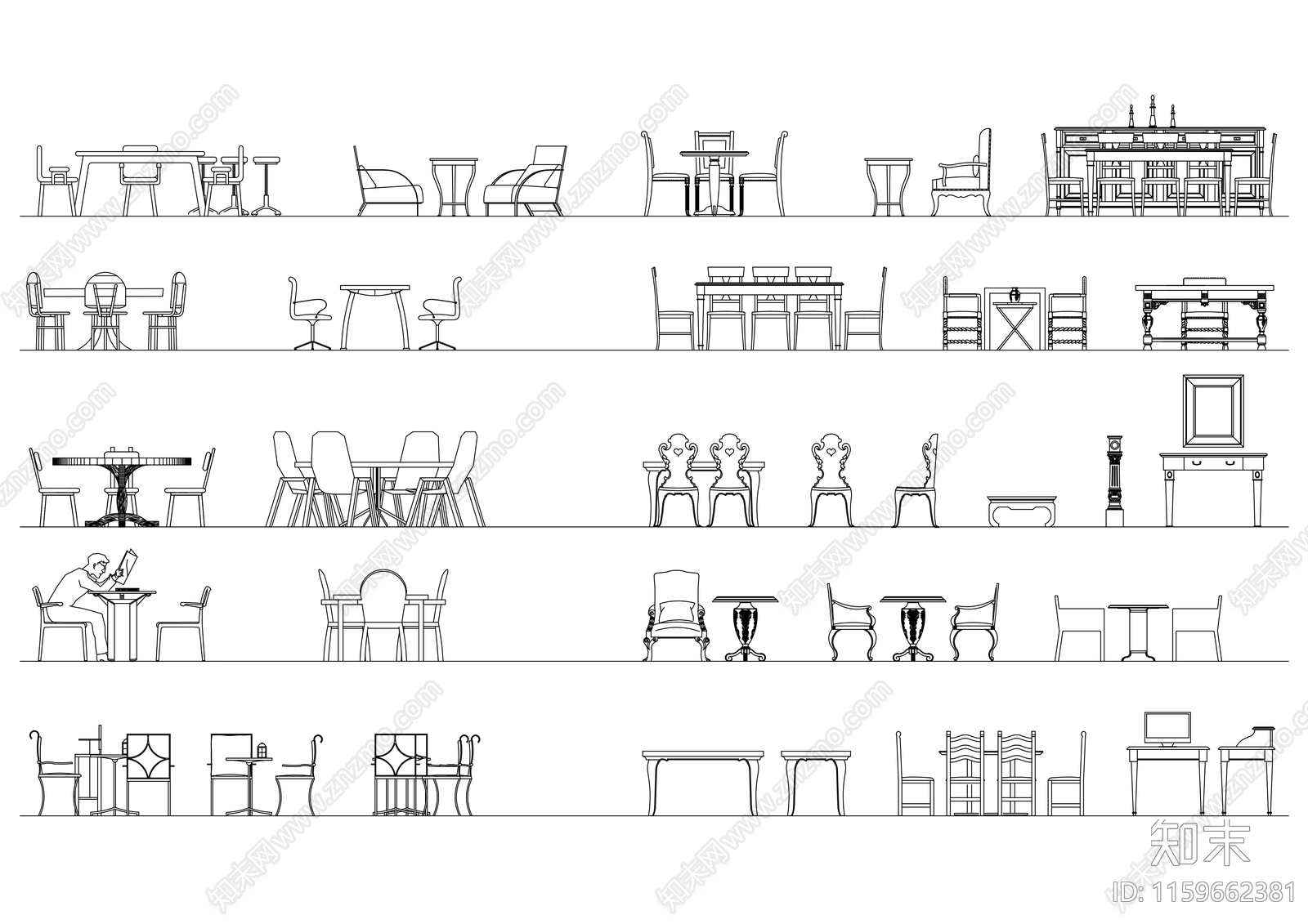 餐桌椅前视图合集1施工图下载【ID:1159662381】