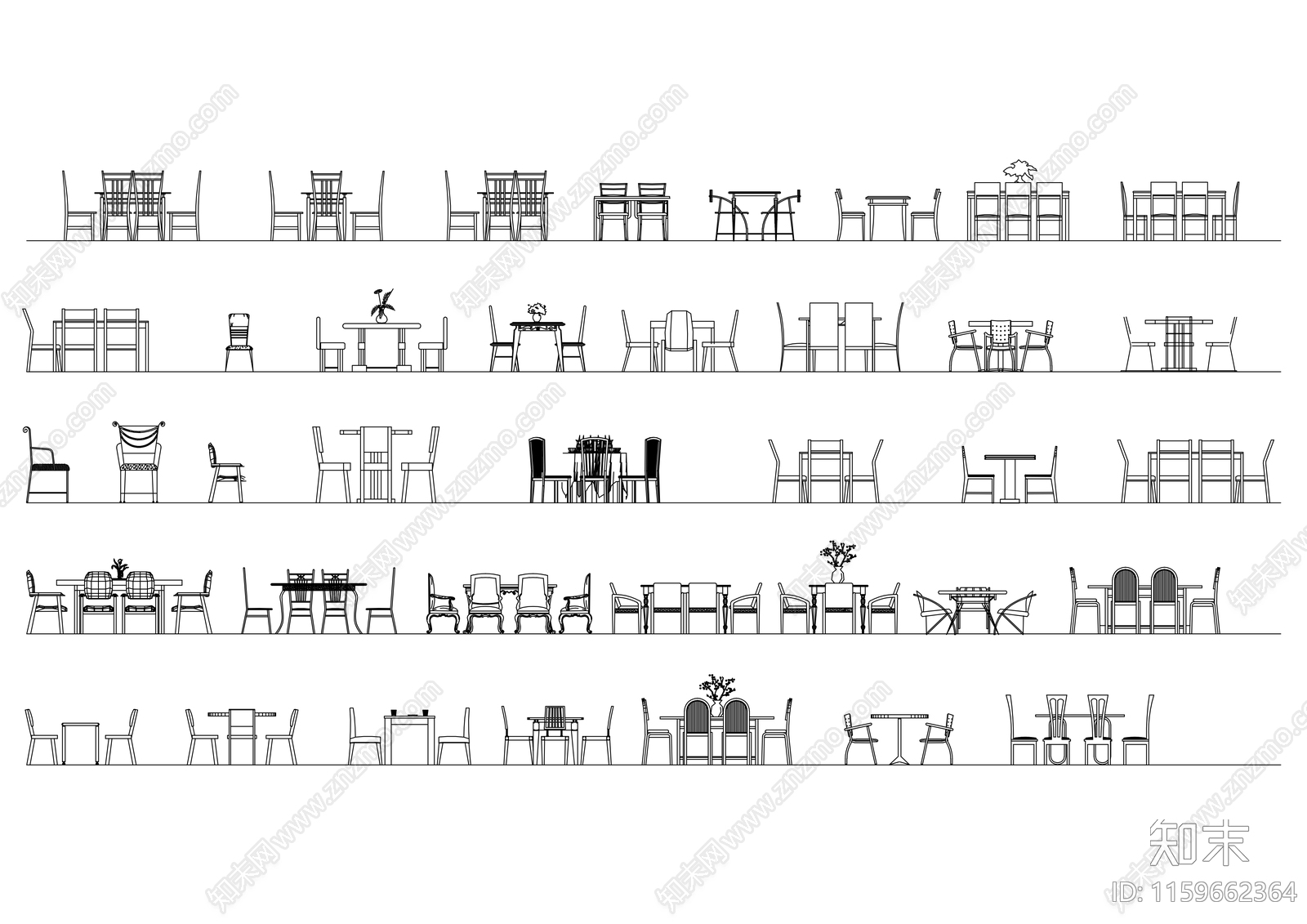 餐桌椅前视图合集施工图下载【ID:1159662364】