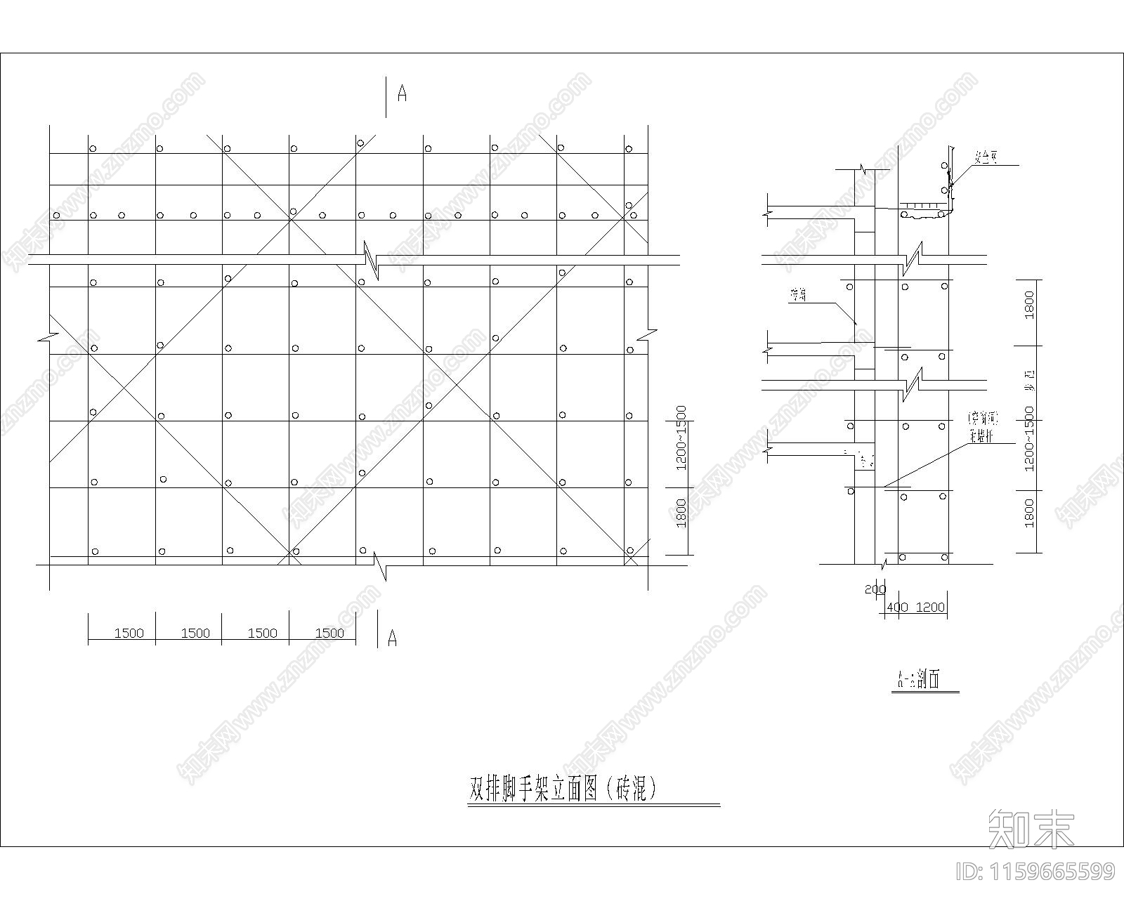 双排脚手架立面图cad施工图下载【ID:1159665599】
