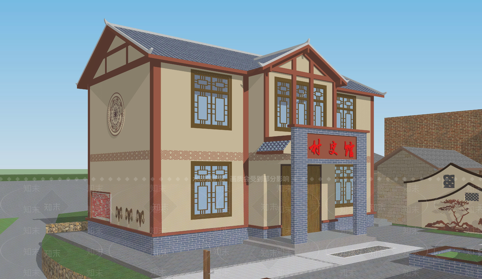 新中式村史馆SU模型下载【ID:1159669553】