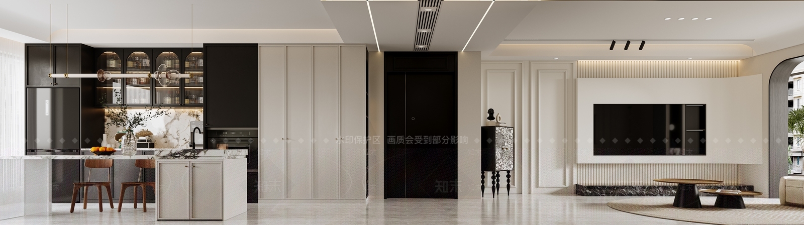 现代奶油法式客餐厅岛台酒柜3D模型下载【ID:1159672676】