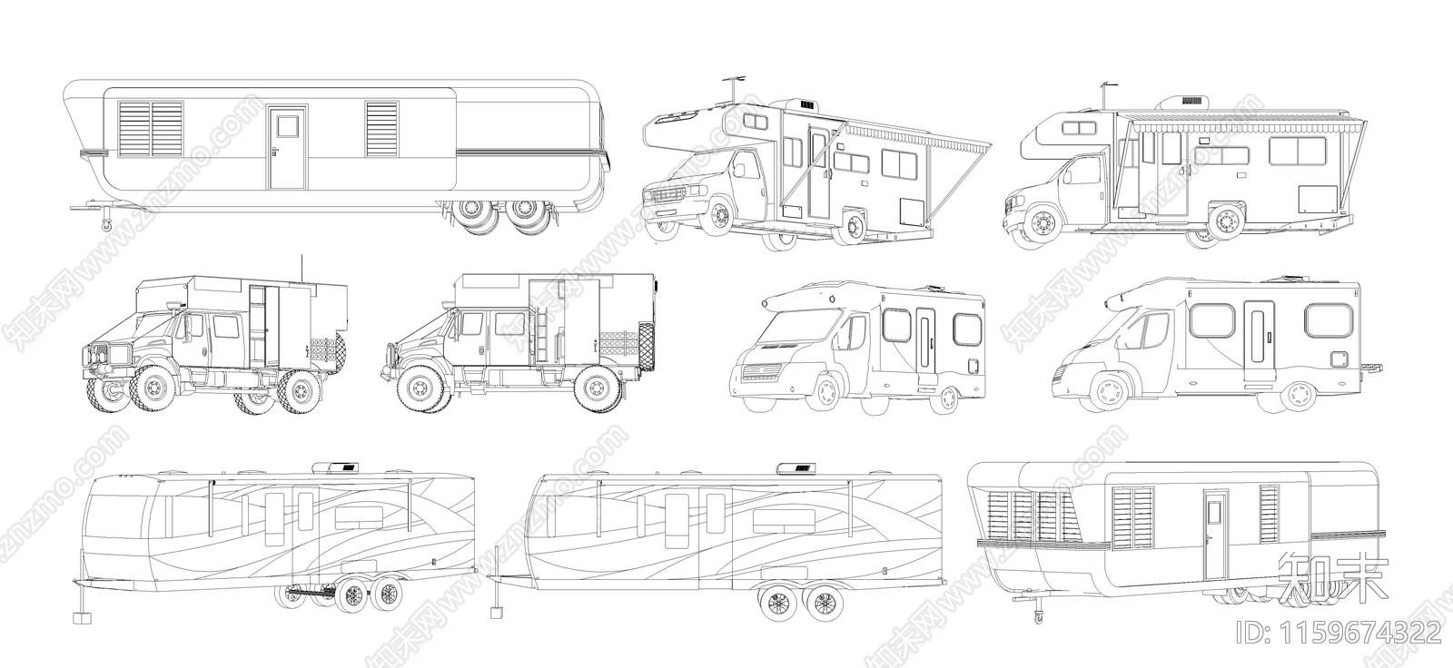 多种型号房车图库cad施工图下载【ID:1159674322】