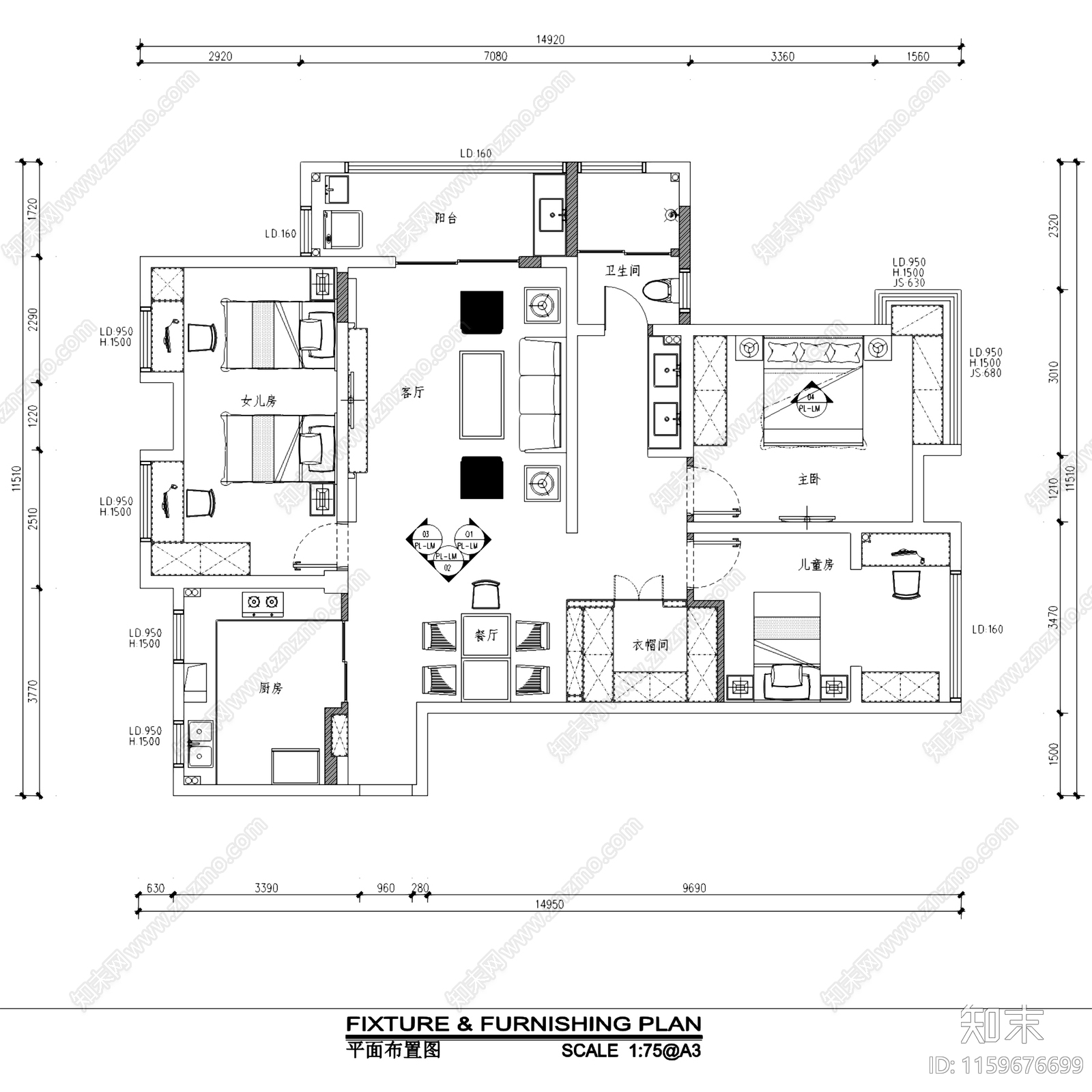 美式和顺名都城室内家装cad施工图下载【ID:1159676699】