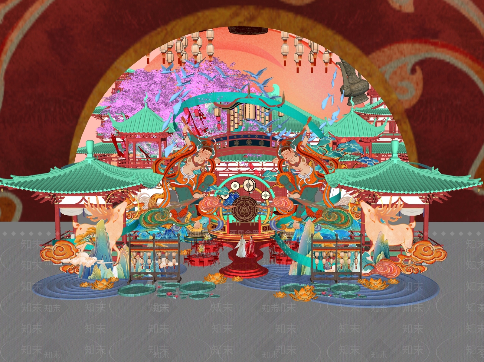 新中式国潮婚宴美陈SU模型下载【ID:1159684929】