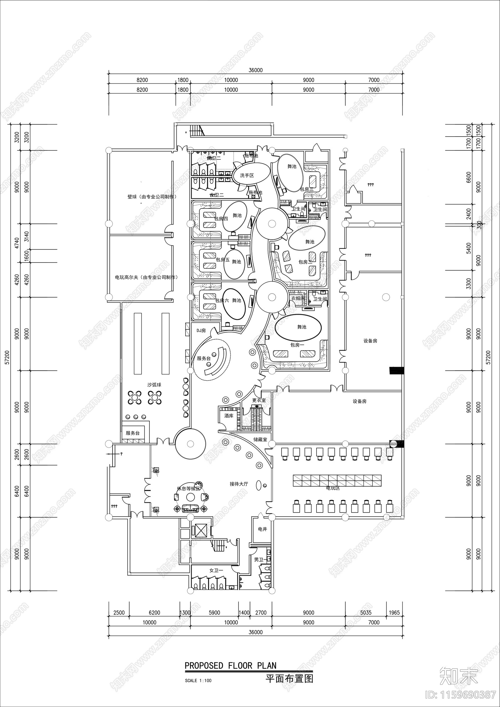 1000㎡电玩城舞厅平面布置图cad施工图下载【ID:1159690387】