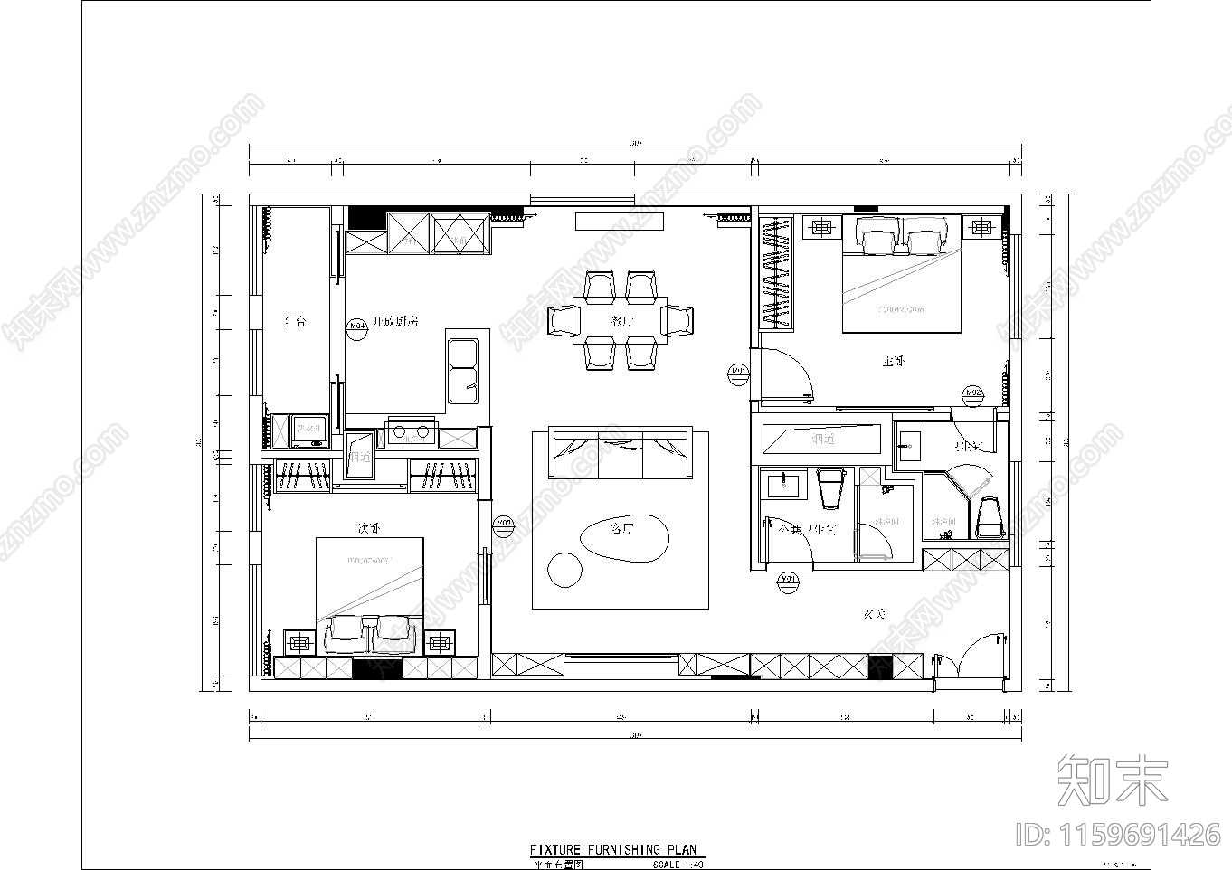 110m²公寓cad施工图下载【ID:1159691426】