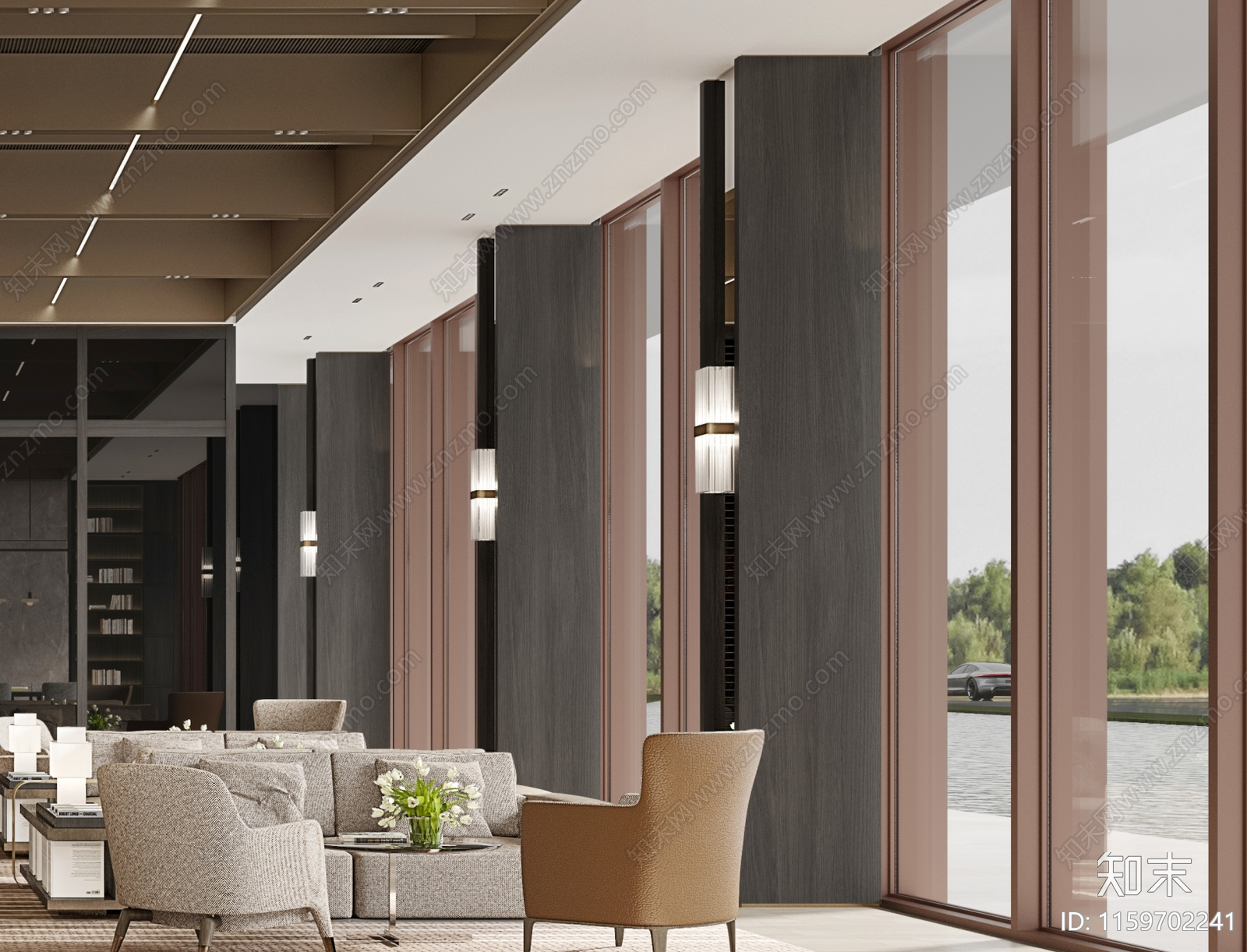 现代售楼处洽谈区柱子镜子墙面造型节点图施工图下载【ID:1159702241】