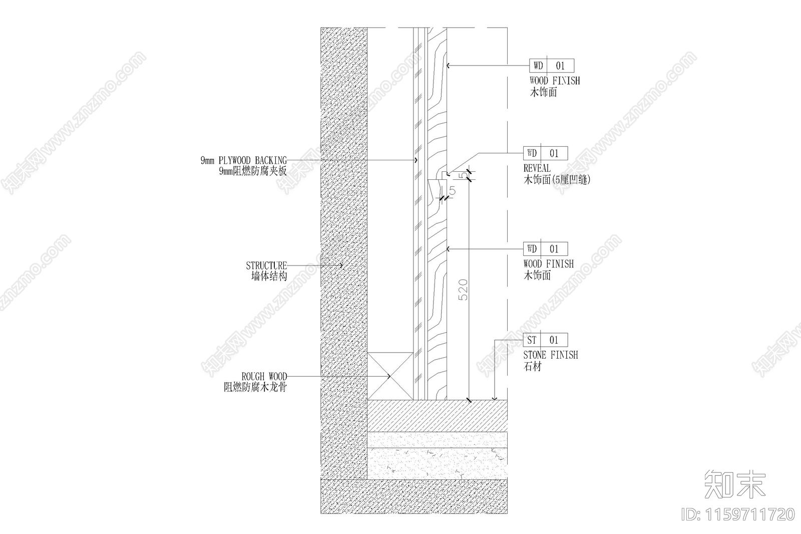 木饰面板墙面收口工艺通用做法节点大样图详图cad施工图下载【ID:1159711720】