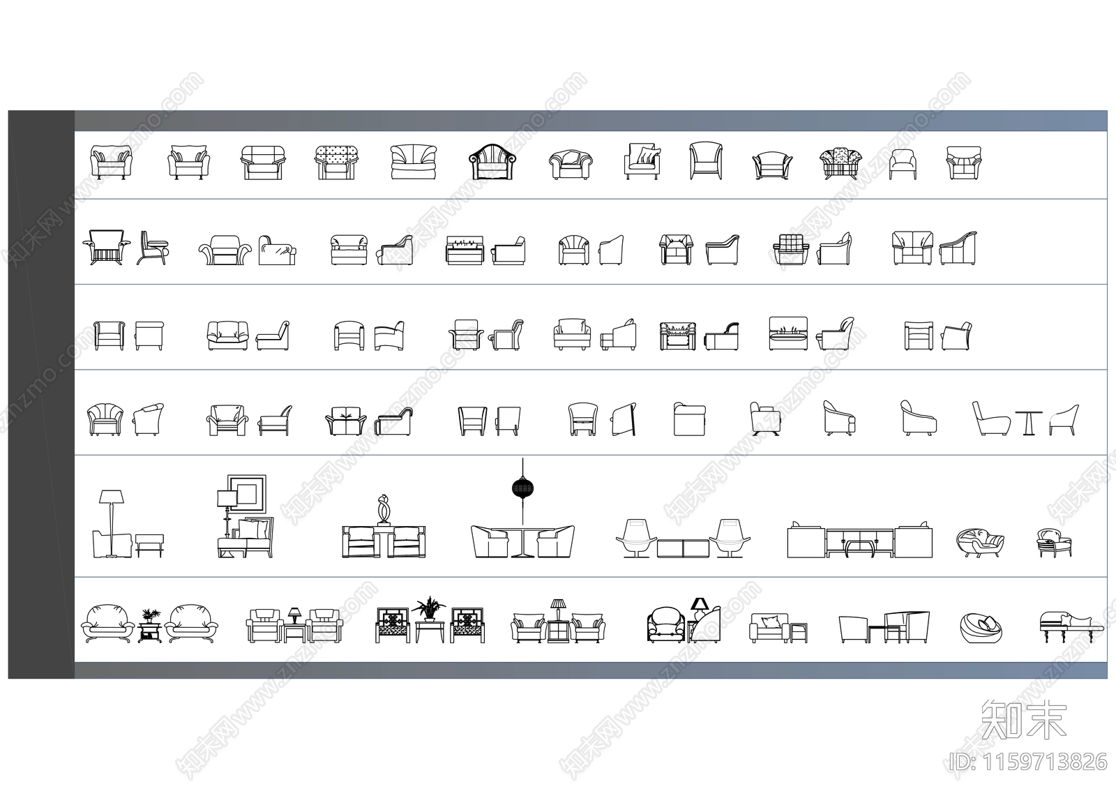 76张高品质Blocks扶手椅的正面和侧面视图cad施工图下载【ID:1159713826】