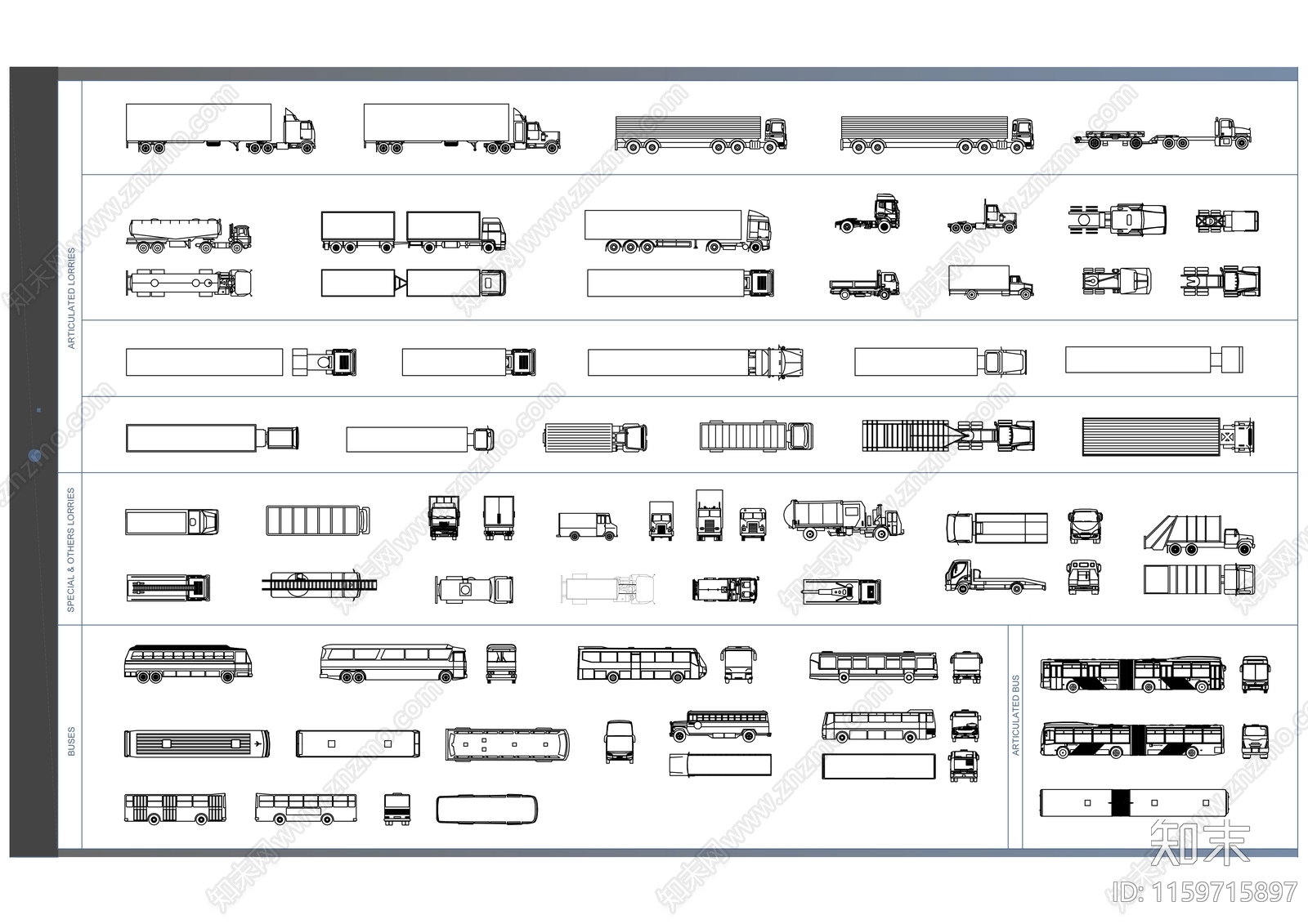 77辆高品质卡车和公共汽车cad施工图下载【ID:1159715897】
