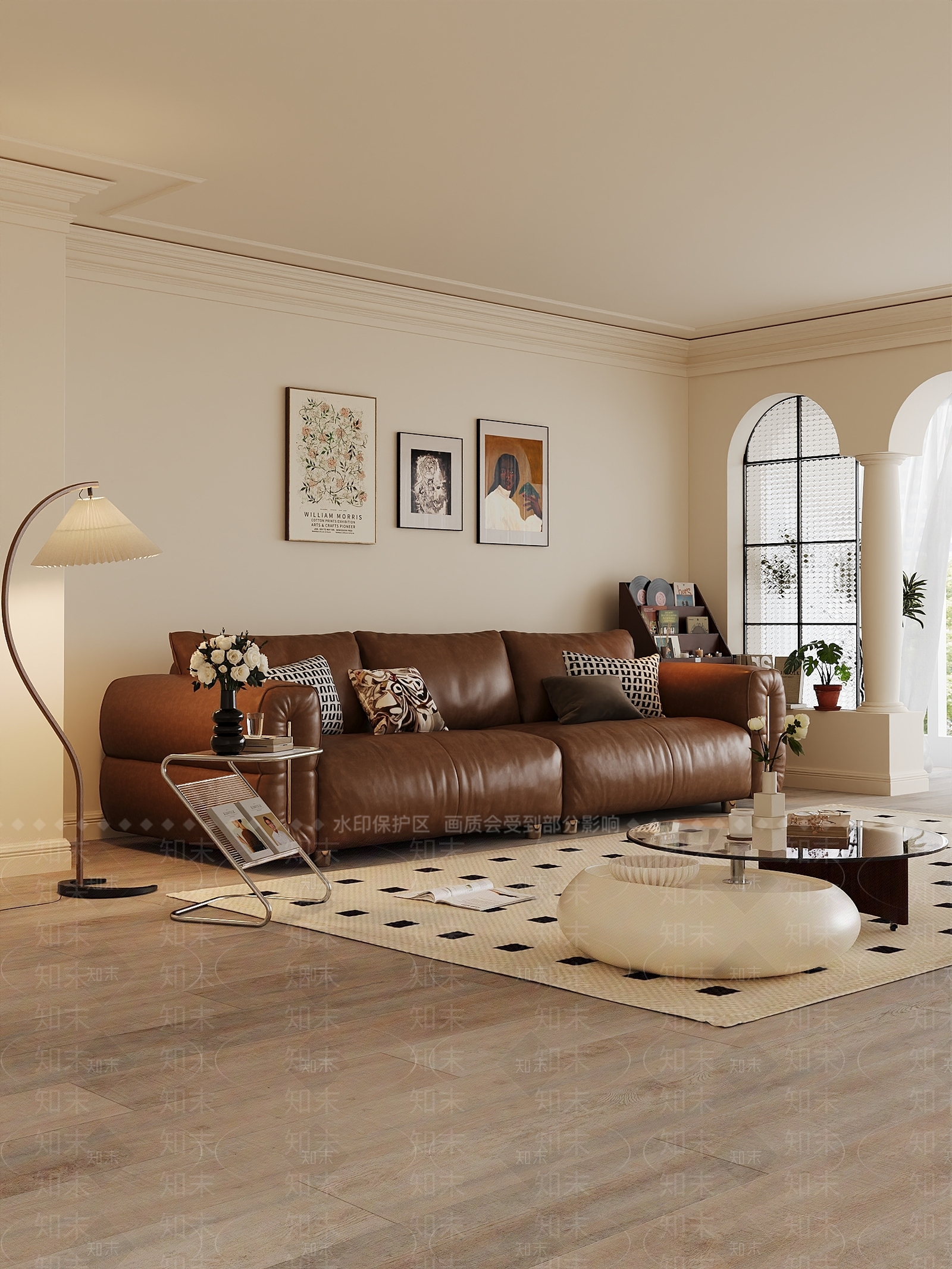 现代中古风三人沙发茶几组合客厅3D模型下载【ID:1159716894】