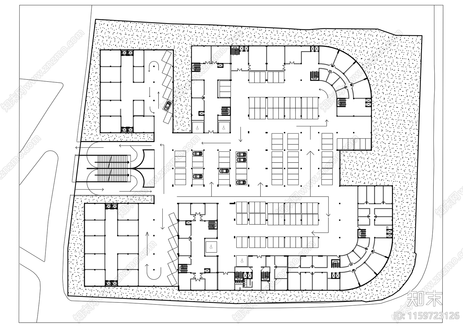 住宅楼地下车库停车场平面图cad施工图下载【ID:1159723126】