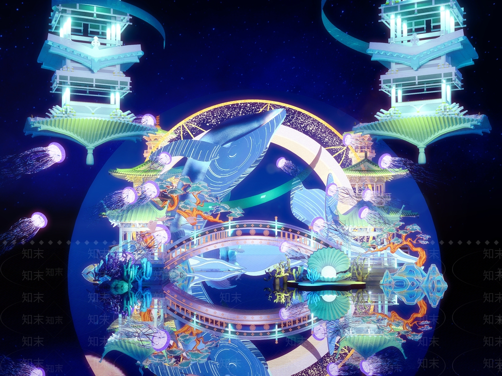 新中式网红打卡国潮古风梦幻仙境仙侠海洋古建鲸鱼美陈舞台SU模型下载【ID:1159740247】