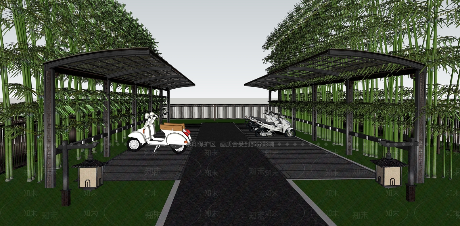 新中式非机动车停车场SU模型下载【ID:1159741982】