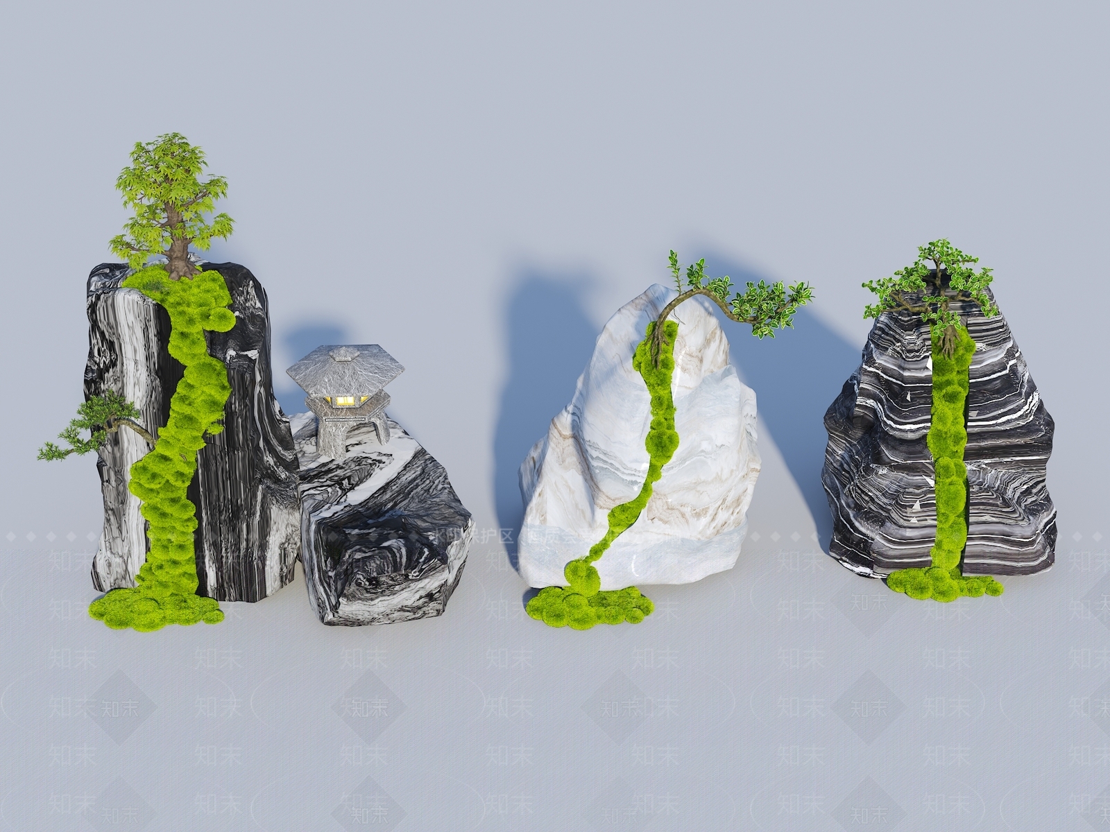 新中式石头绿植摆件3D模型下载【ID:1159749455】