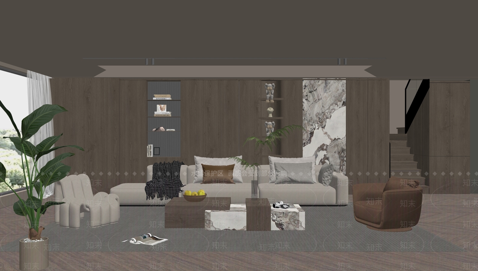 现代意式轻奢别墅客厅SU模型下载【ID:1159750455】