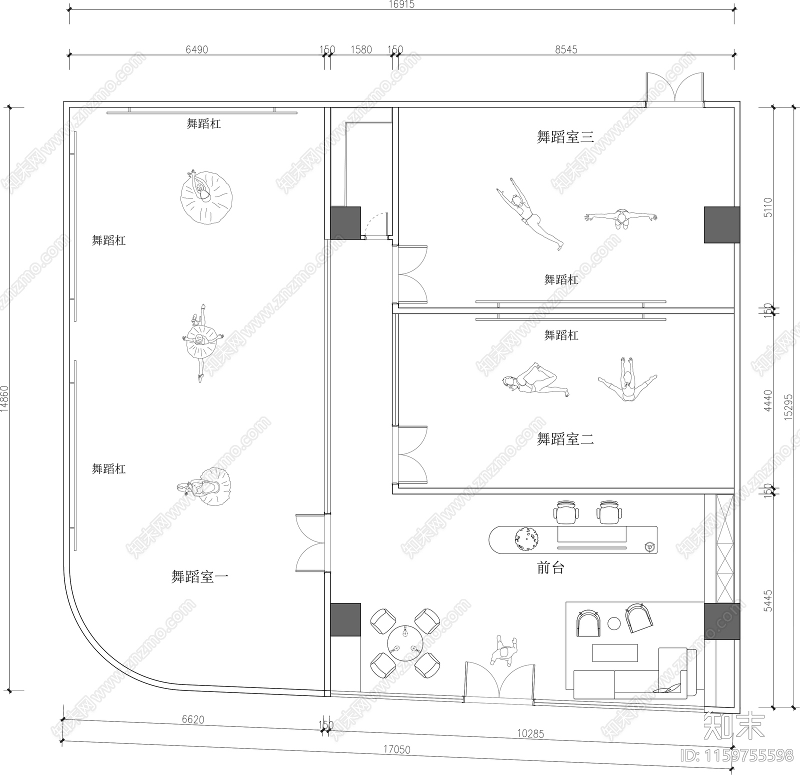 舞蹈室练舞室街舞民族舞现代舞施工图下载【ID:1159755598】