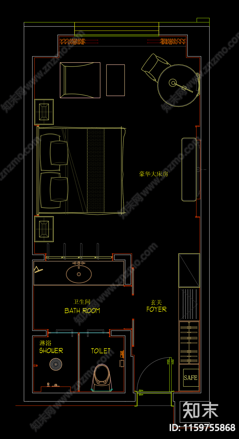 酒店民宿客房标准户型图cad施工图下载【ID:1159755868】