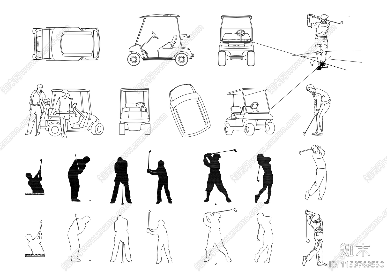 打高尔夫球人物姿态和高尔夫车辆合集cad施工图下载【ID:1159769530】
