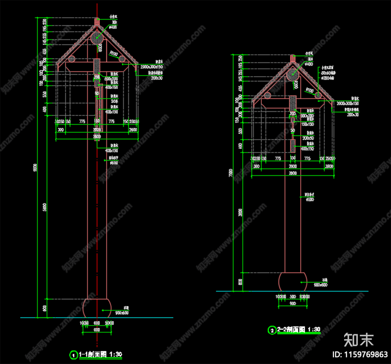 乡村入口寨门门廊cad施工图下载【ID:1159769863】