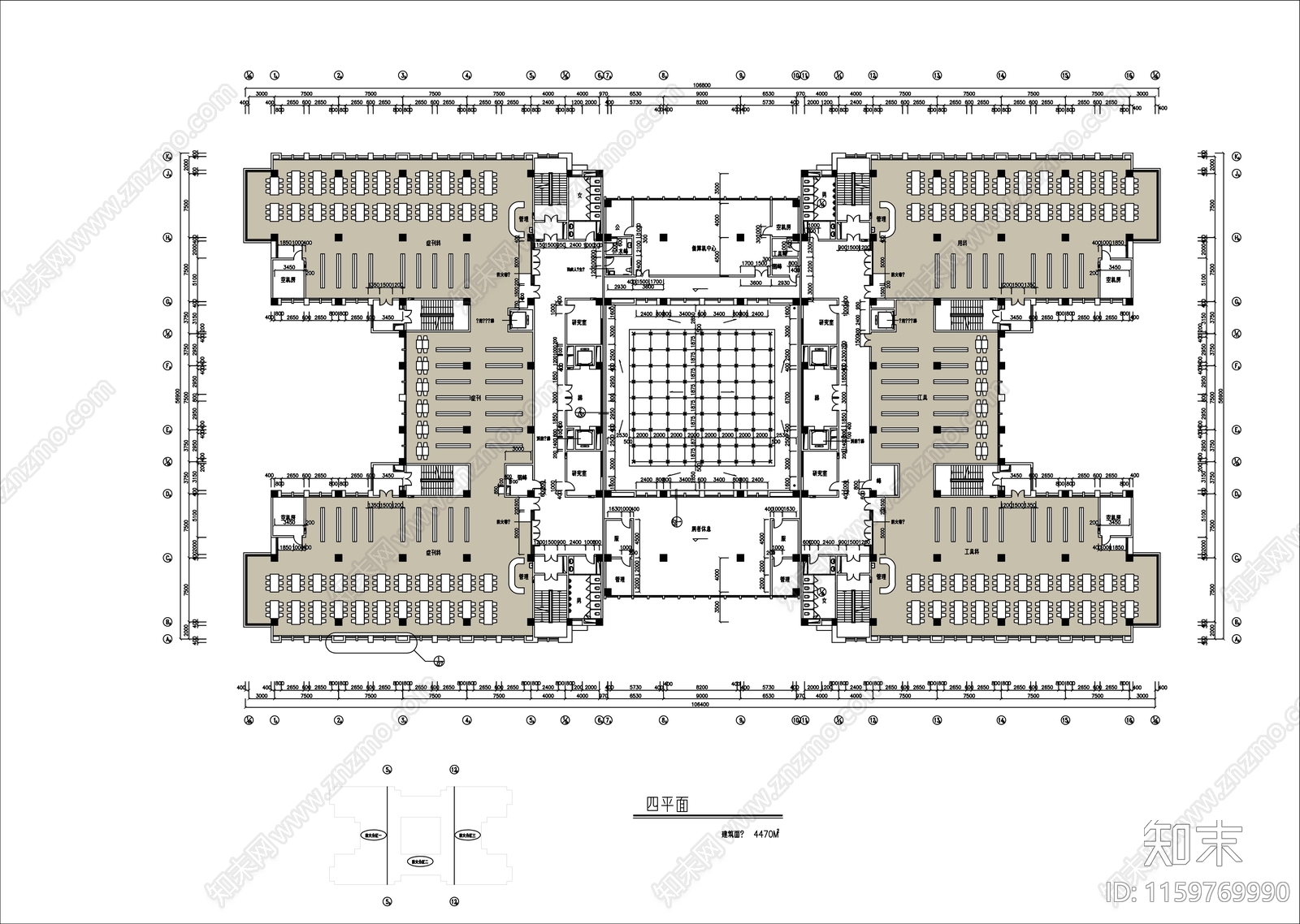 六层大型图书馆平面布局图施工图下载【ID:1159769990】