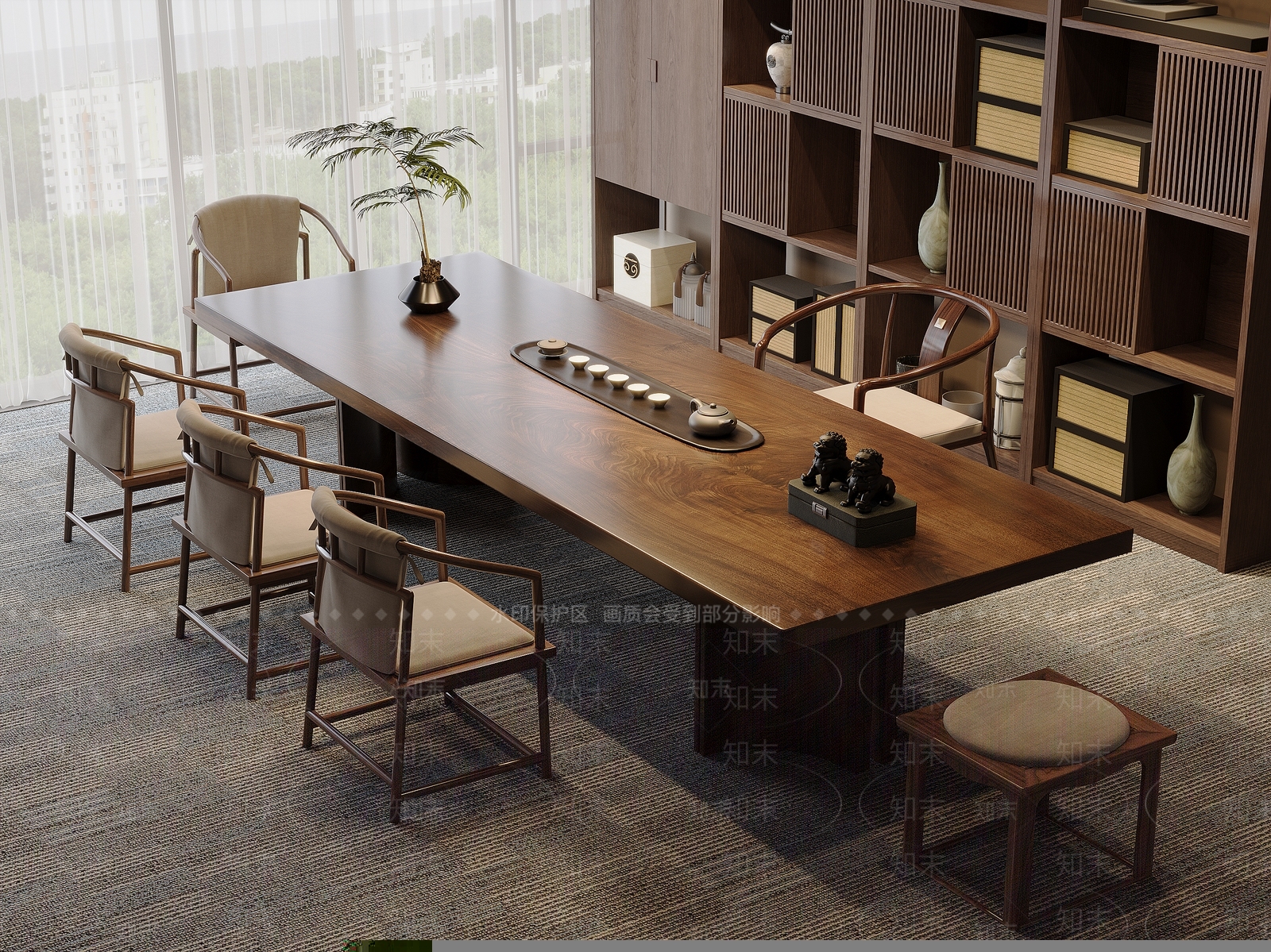 新中式茶桌椅组合3D模型下载【ID:1159772370】