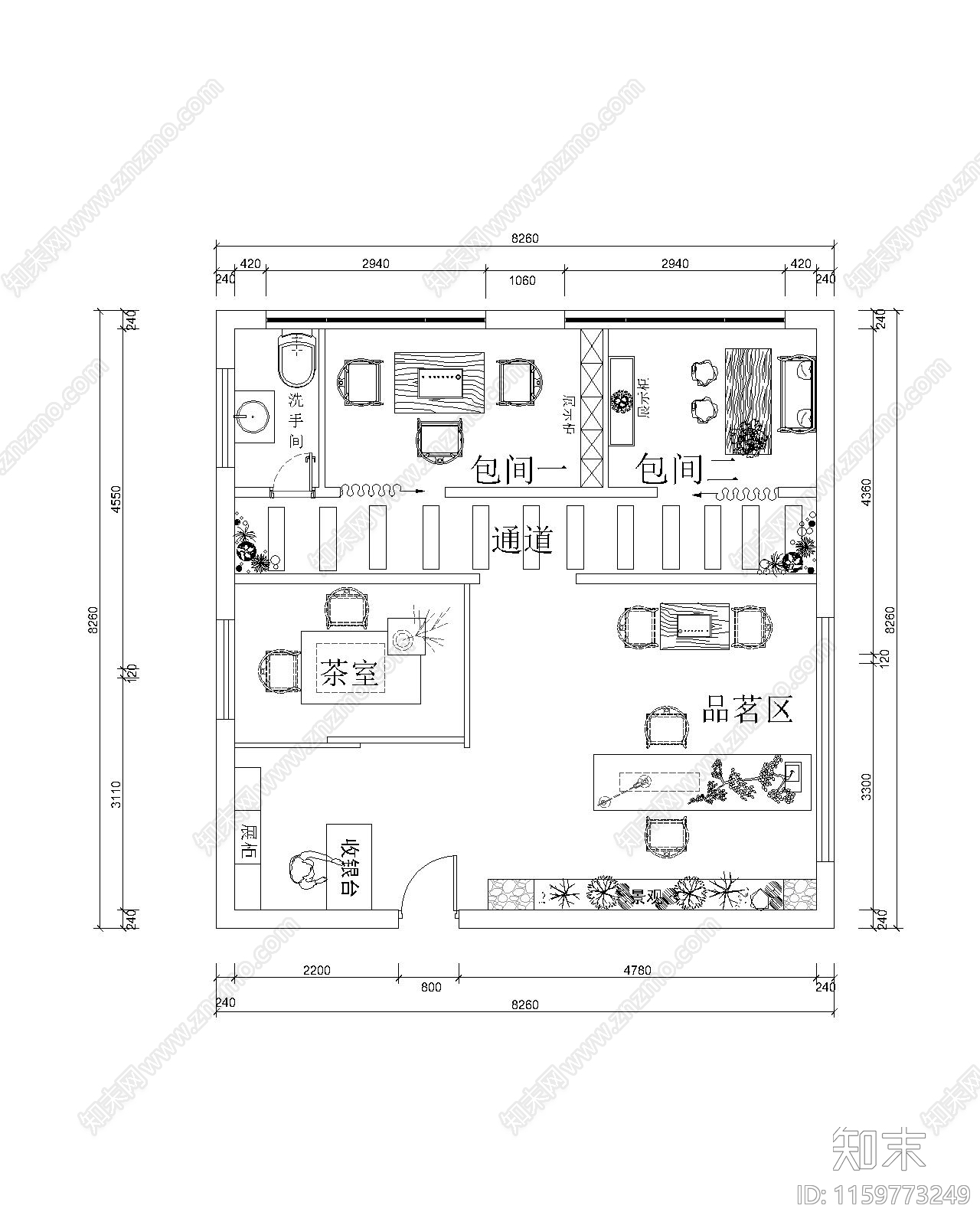 新中式茶室设计图纸cad施工图下载【ID:1159773249】