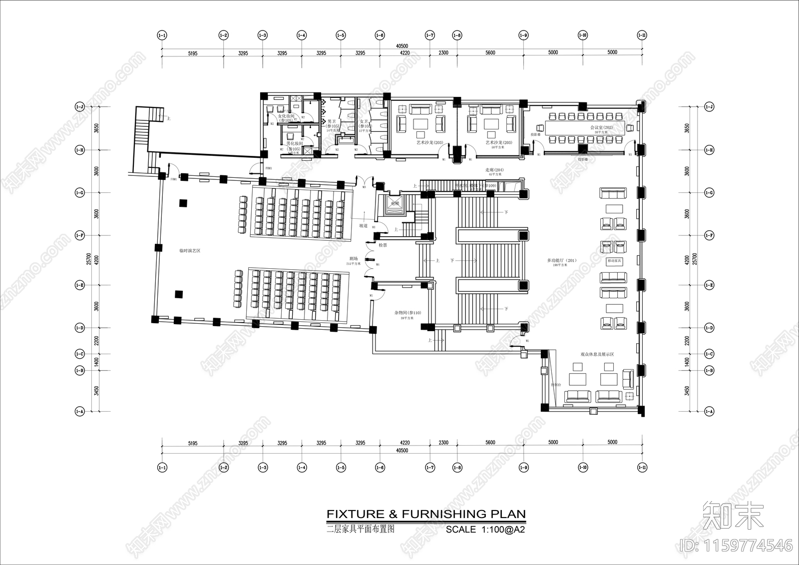 2000㎡两层北京剧院平面布局图cad施工图下载【ID:1159774546】