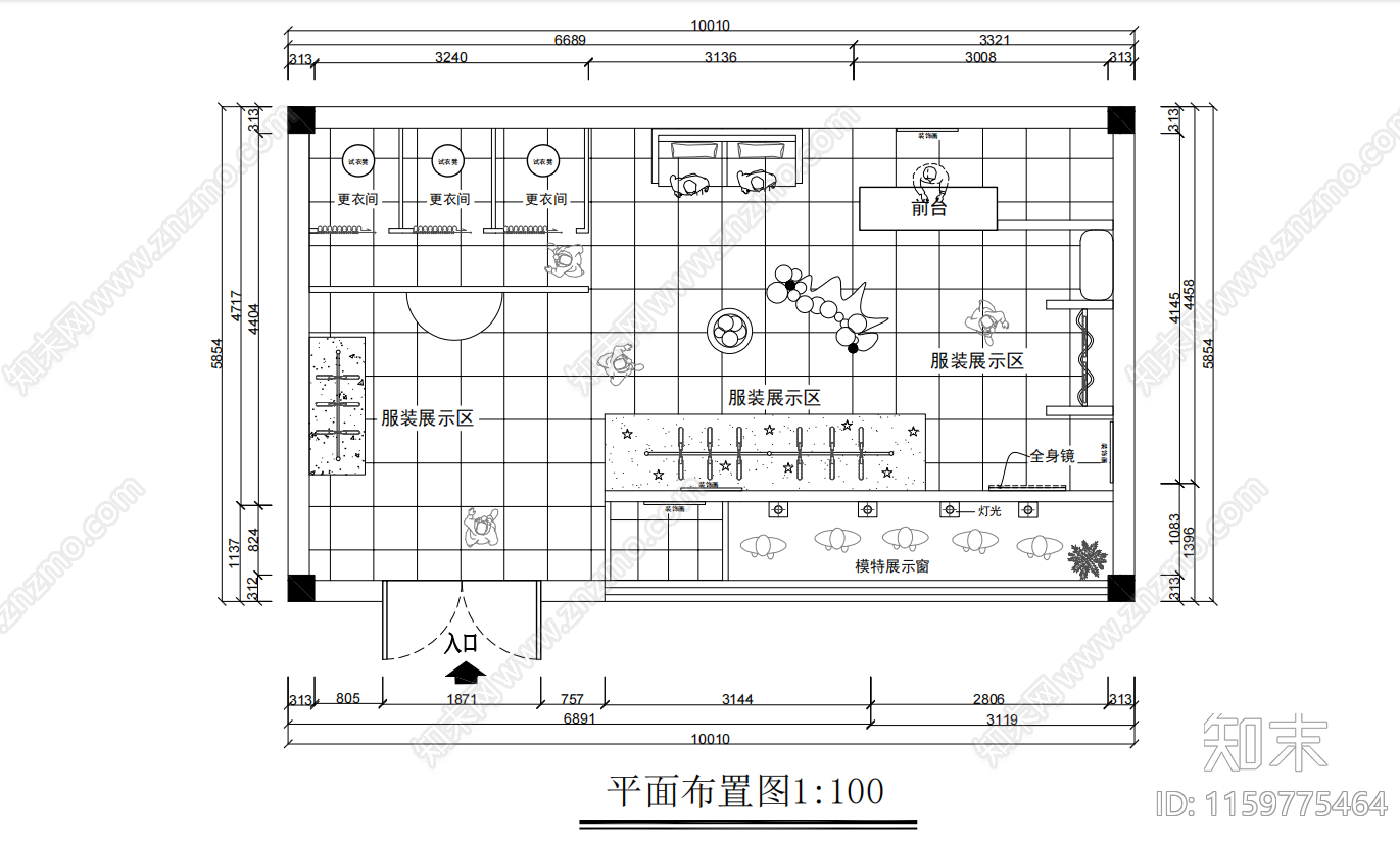 现代品牌服装店平面图设计施工图下载【ID:1159775464】